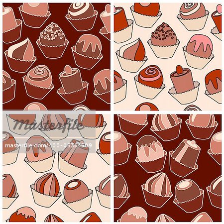 Set of seamless patterns with different chocolate sweets. Four variants of shape and color
