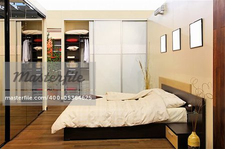 Modern bedroom interior with big wardrobe closet
