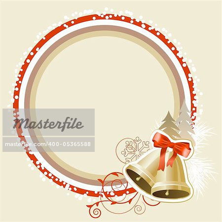 Pastel Christmas frame with gold bells and trees