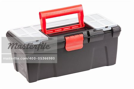 Red and black plastic toolbox with transparent cover