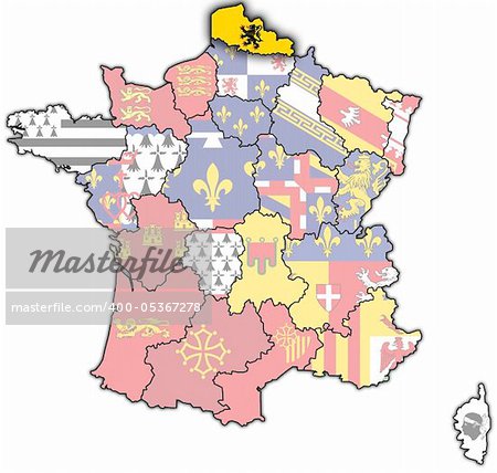 Nord-Pas-de-Calais on old map of france with flags of administrative divisions