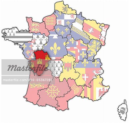 Poitou-Charentes on old map of france with flags of administrative divisions