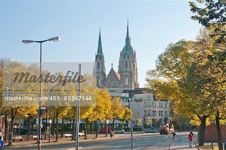 View at the street at Munich and famous St. Paul Church