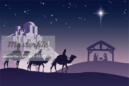 Illustration of traditional Christian Christmas Nativity scene with the three wise men going to meet baby Jesus in the manger.
