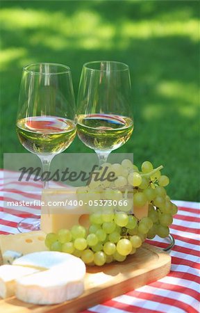 Various sorts of cheese, grapes and two glasses of the white wine