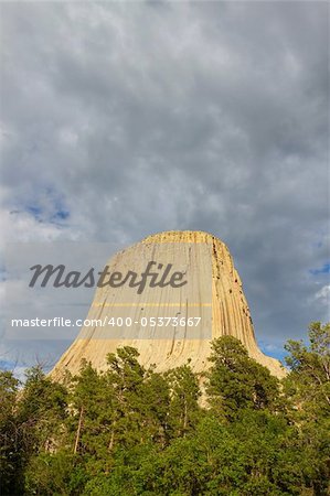 Devils Tower National Monument rises above the forests of northeastern Wyoming.