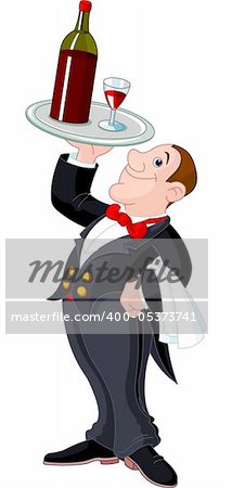 Illustration of cartoon waiter serving a drink