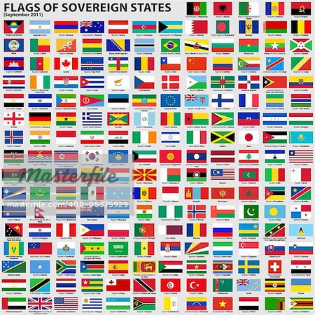 Vector set of Flags of world sovereign states (September 2011). New flags of Libya, South Sudan, Myanmar, Malawi.