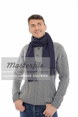 Young handsome possitive man in warm winter casual clothes thinking. isolated on white background