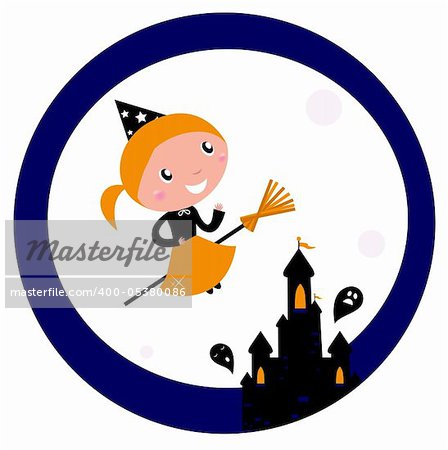 Cute Witch girl flying around Halloween haunted castle. Vector cartoon Illustration.