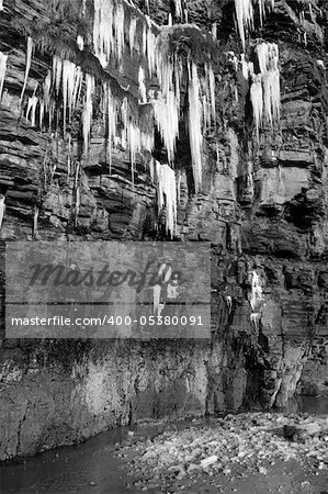 icicles melting on a cliff face in ballybunion ireland on a winters day in black and white