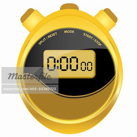 Digital stopwatch in modern oval style set in a gold case with a black and brown clock face. Isolated on white.