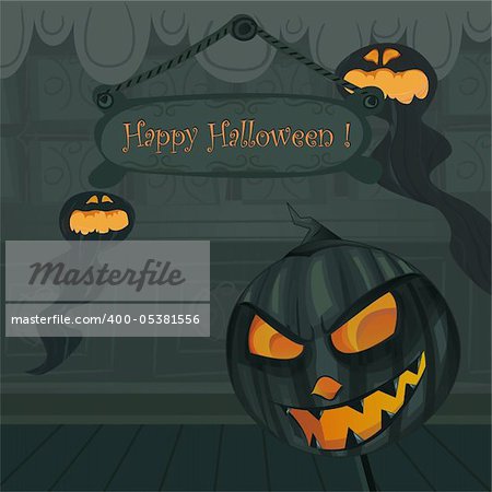 Vector Halloween template. Background inside haunted house with Jack o' lantern evil pumpkin, scary ghosts and copyspace on a wooden sign.