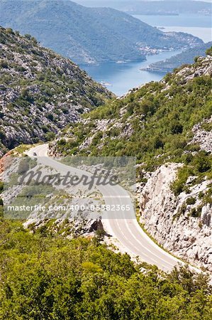 Aerial view on hairpin road to Risan. Montenegro. In background bay of Kotor.