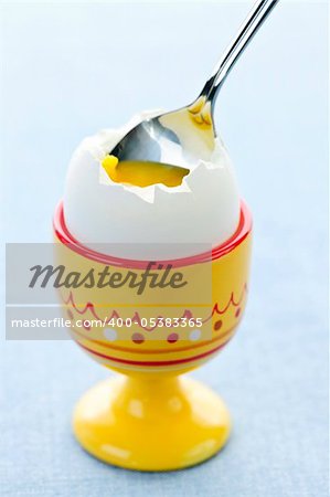 Closeup of soft boiled egg in cup with spoon