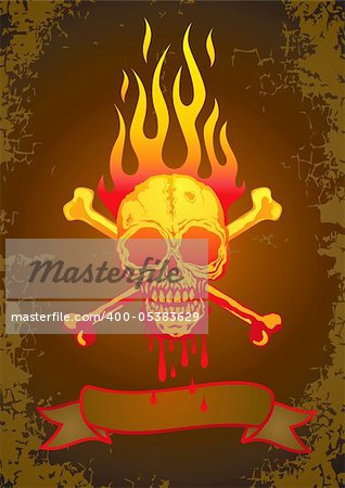 Illustration of the skull in flames with the blood flowing