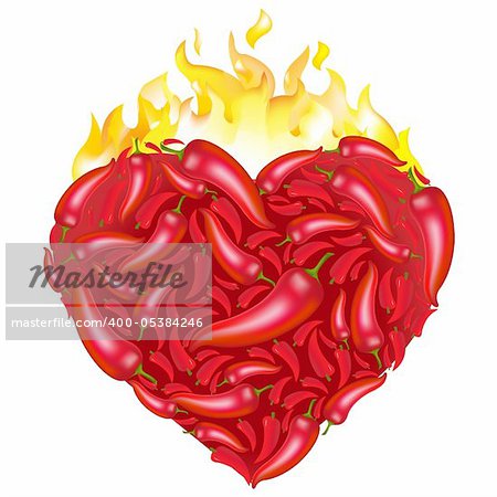 Chili Pepper Heart Shape, Isolated On White Background, Vector Illustration