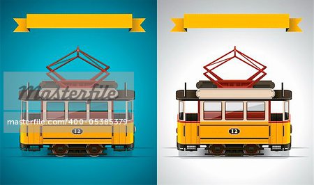 Detailed old tramway on white and blue backgrounds