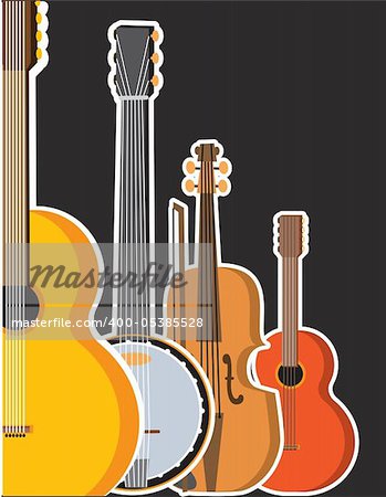 A border or frame featuring several stringed instruments - a guitar,banjo,violin and a ukulele