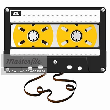 Audio black cassette with damaged tape over white