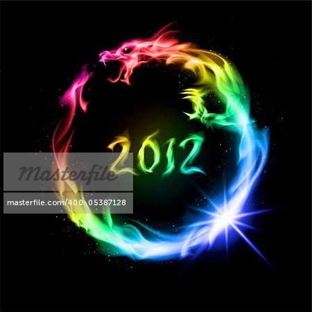 Abstract rainbow  fiery dragon. Illustration on black background for design.