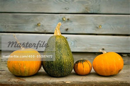 The three bright pumpkins on a wooden bench