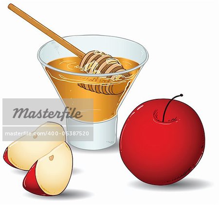 A vector illustration of a glass filled with honey and a special honey serving spoon and an apple and two slices of apple.