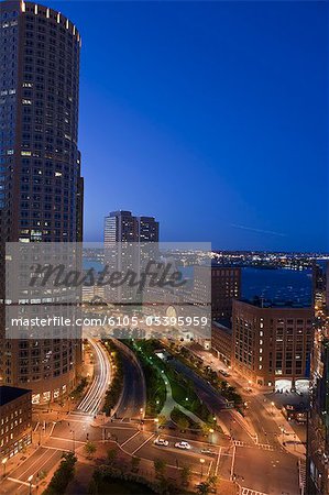 High angle view of a city at dusk, Boston, Massachusetts, USA