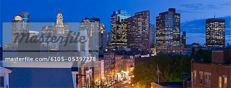 Buildings lit up at night in a city, Hanover Street, Boston, Massachusetts, USA