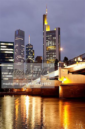 Business center and Main River at night, Frankfurt, Germany