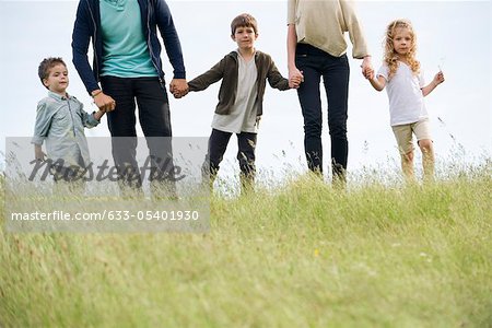 Famille marchant main dans la main dans le champ, recadrée