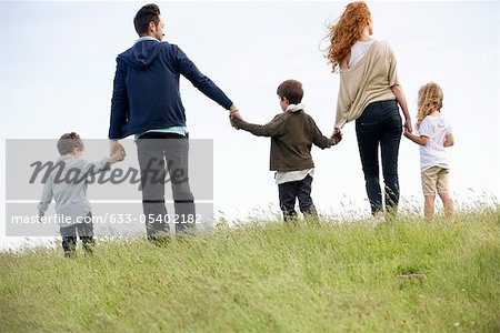 Family walking hand-in-hand in field, rear view