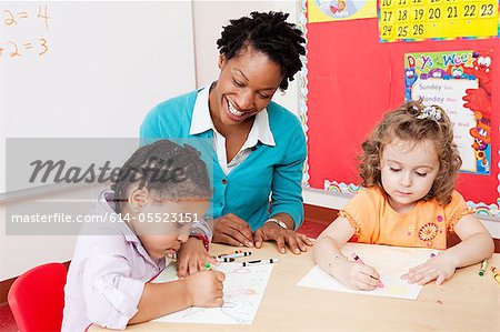 Teacher and girls in art class