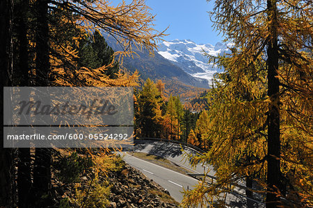 Hairpin Turn, Morteratsch Glacier, Bernina Pass, Pontresina, Maloja, Canton of Graubunden, Switzerland