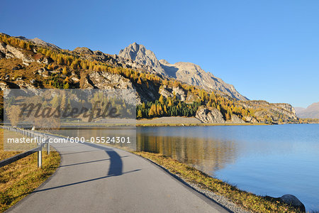 Lakeside Road in Autumn, Silsersee, Maloja, Engadin, Canton of Graubunden, Switzerland