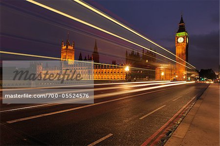 Streaking Lights Past Palace of Westminster, London, England