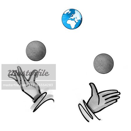 Hands juggling balls and globe