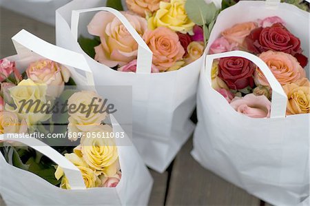 Fleurs roses en sacs