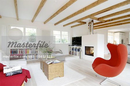 Modern bright living room with armchair and fireplace