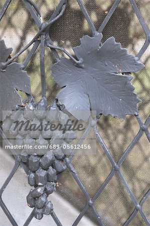 Gray iron leaf and grapes at fence