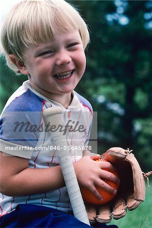 1970s - 1980s HAPPY SMILING BLOND BOY HOLDING BASEBALL BAT GLOVE BALL