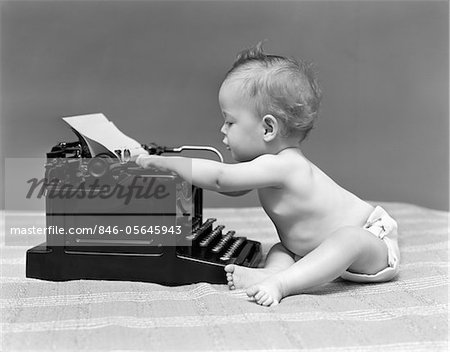 1940s BABY IN DIAPER TYPING ON TYPEWRITER