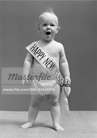 Annees 1940 Bebe Debout En Couche Culotte Baillement Habilement Heureuse Nouvelle Annee Sash Photographie De Stock Masterfile Rights Managed Artiste Classicstock Code 846