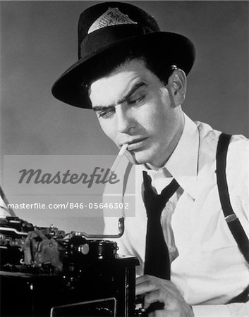 1940s - 1950s MAN REPORTER SITTING AT TYPEWRITER SMOKING CIGARETTE PRESS PASS IN HATBAND