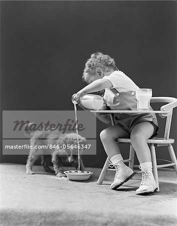 ANNÉES 1940 BAMBIN ASSIS DANS LA CHAISE VERSER DU LAIT BOUTEILLE DANS LE BOL POUR CHIEN CHIOT