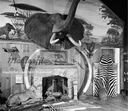 1940s - 1950s ROOM WITH BIG GAME TROPHIES MOUNTED AROUND A FIREPLACE