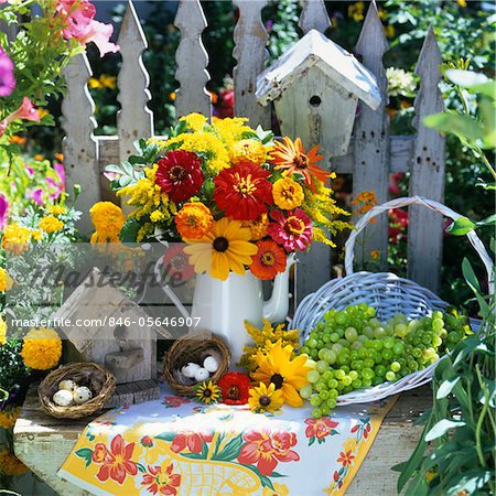 BOUQUET DE FLEURS JAUNE ET ROUGE EN PICHET OISEAUX NIDS & MAISONS PANIER DE RAISINS DANS JARDIN