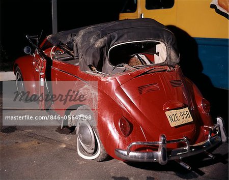 1960 1960s RED VOLKSWAGEN BUG BEETLE CAR CONVERTIBLE WRECK CRASH CRASHED WRECKED WRECKS RUIN DAMAGE RETRO ACCIDENT