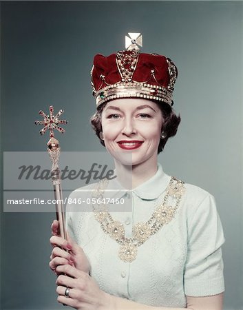 1950s PORTRAIT SMILING WOMAN COSTUME CHARACTER WEARING A CROWN HOLDING A SCEPTER NECKLACE REGALIA SPECIAL QUEEN FOR A DAY