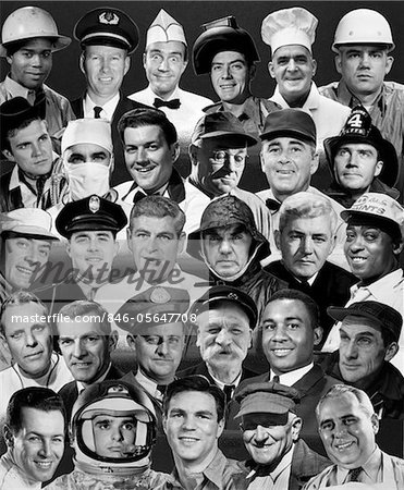 1960s - 1970s MONTAGE OF HEADS OF 25 MEN OF DIFFERENT KINDS OF OCCUPATIONS ALL SMILING